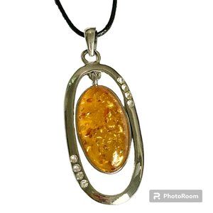 Vintage Honey Yellow Amber Necklace Art Deco Crystal 18" Simulated Silver Plated